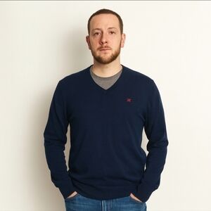 Hackett London Navy Blue V-Neck Sweater Men’s L 100% Cotton Classic Knit